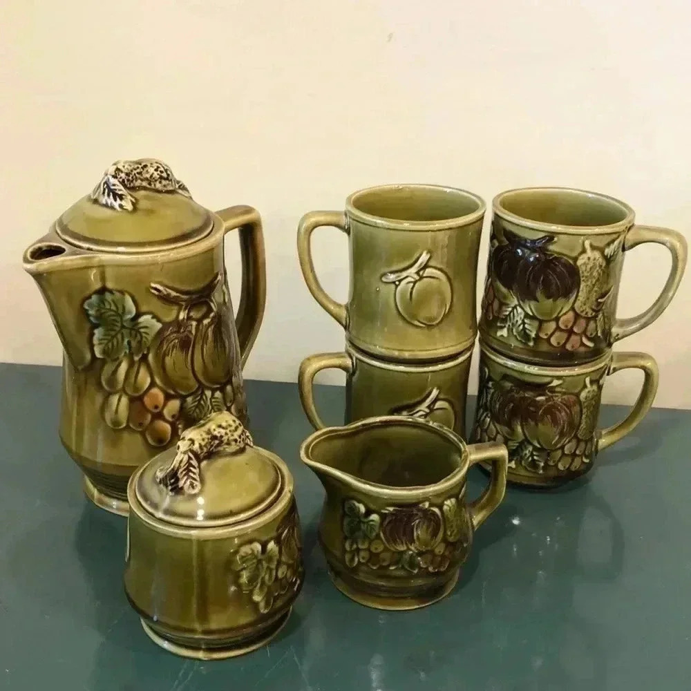 Vintage mid-century avocado green made in Japan tea set